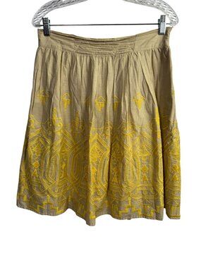 Anthropologie Tiny Beige Skirt Yellow Embroidered 100% Cotton Size Medium Boho
